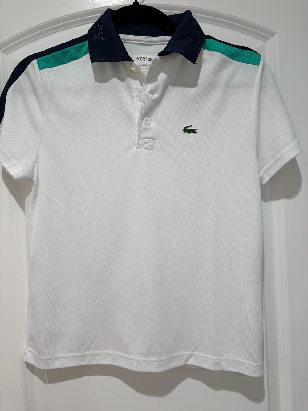 Lacoste White Polo with Navy Collar and Green Crocodile (NWOT)